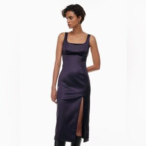 Aritzia Wilfred Shine Satin Midi Dress Dark Purple Front Slit Square Neck 10